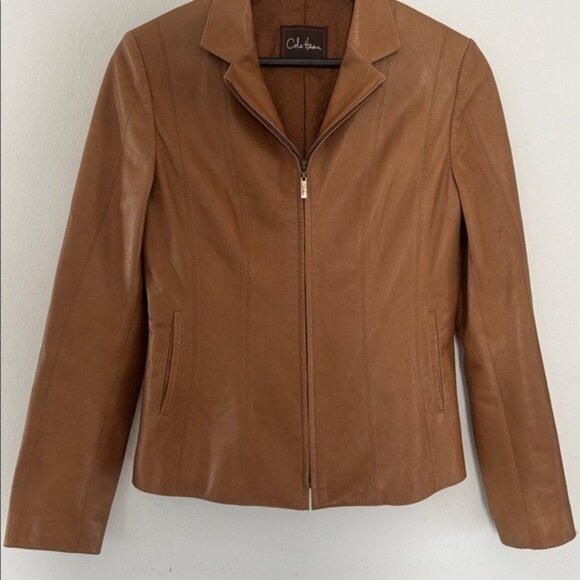 Cole Hann Lambskin Leather Jacket Womens Small Full Zip Tan - Picture 5 of 16